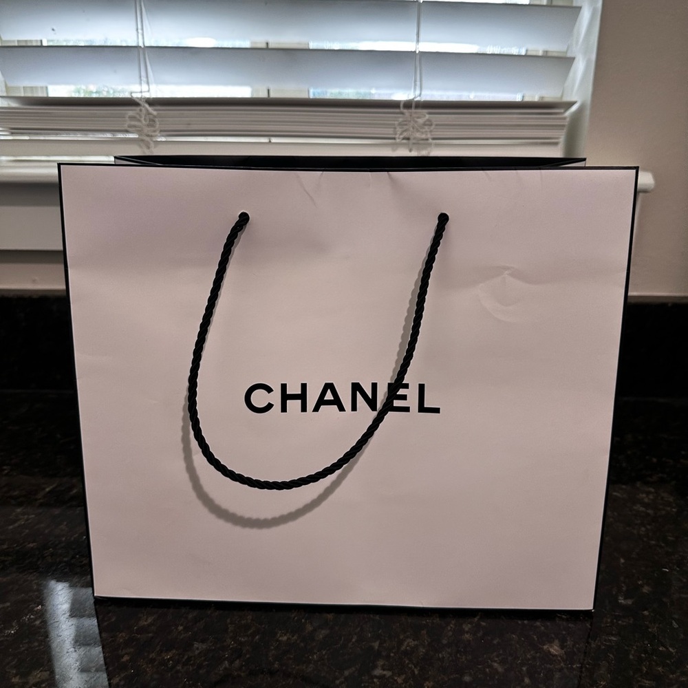 CHANEL White and Black Logo Shopping Bag